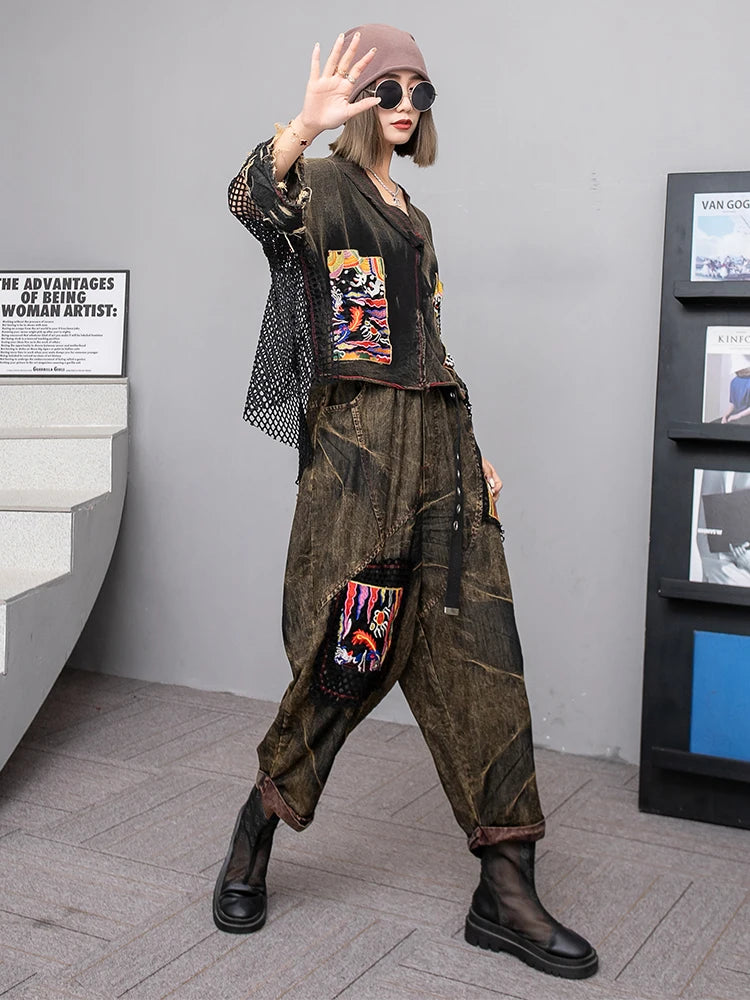 2024 Spring Summer New Embroidered Patchwork Mesh Denim Short Sleeved T-shirt + Harem Pants Two-piece Set Women LX253