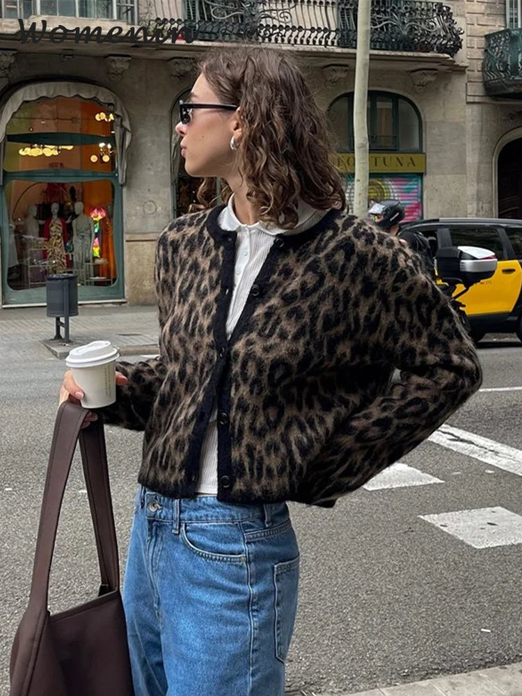 Vintage Leopard Print Mohair Women Cardigans Knitted O-neck Single Breasted Short Sweater 2024 Autumn Lady Casual Streetwear New