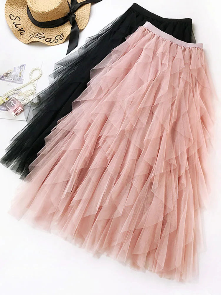 Mode Tutu Tüllrock Frauen Langer Maxirock 2024 Frühlings Sommer Korean koreanische rosa hohe Taille Faltenrock Frauen