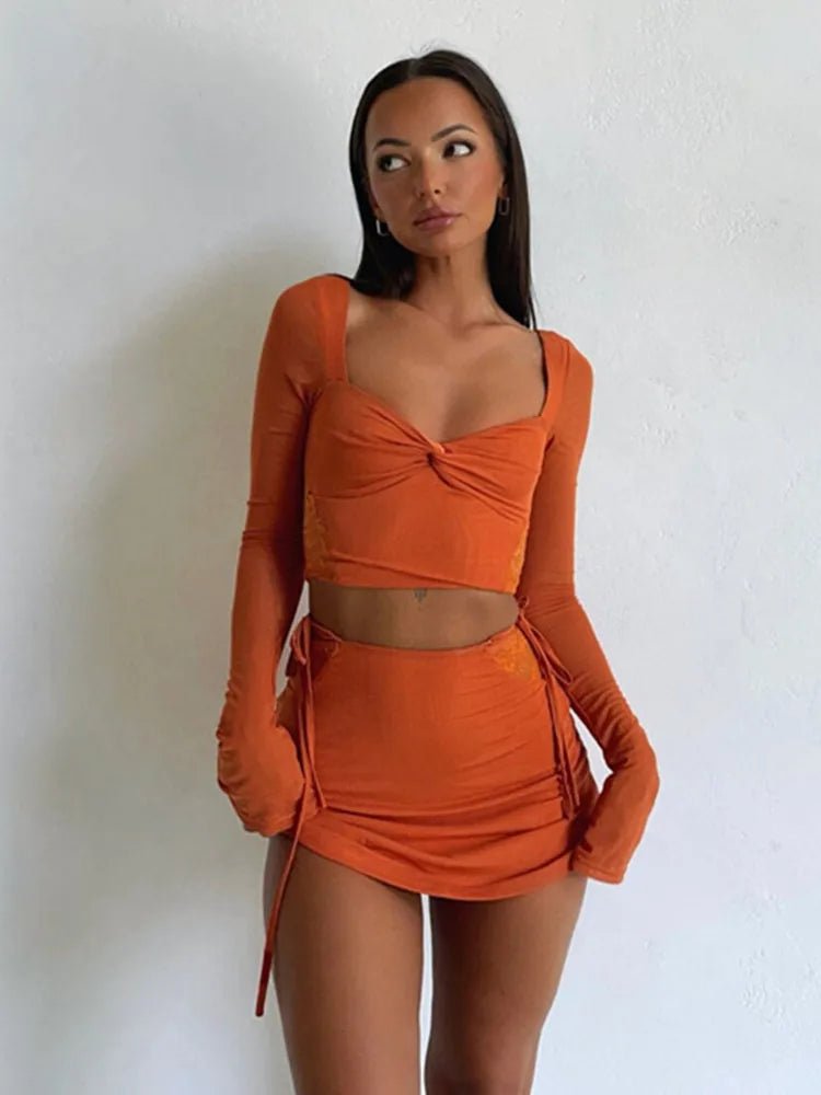 hirigin Women Summer 2 Pieces Outfits Solid Color Sweetheart Neckline Long Sleeve Crop Tops and Side Tie-Up Mini Skirts Set