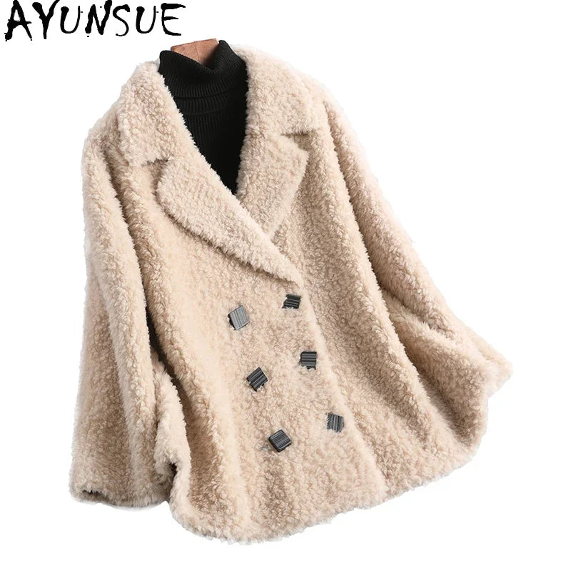 AYUNSUE Short Real Sheep Shearling Coat Female Winter 2021 Casual Korean Wool Jackets Women's Fur Coats Casaco Feminino Gxy431