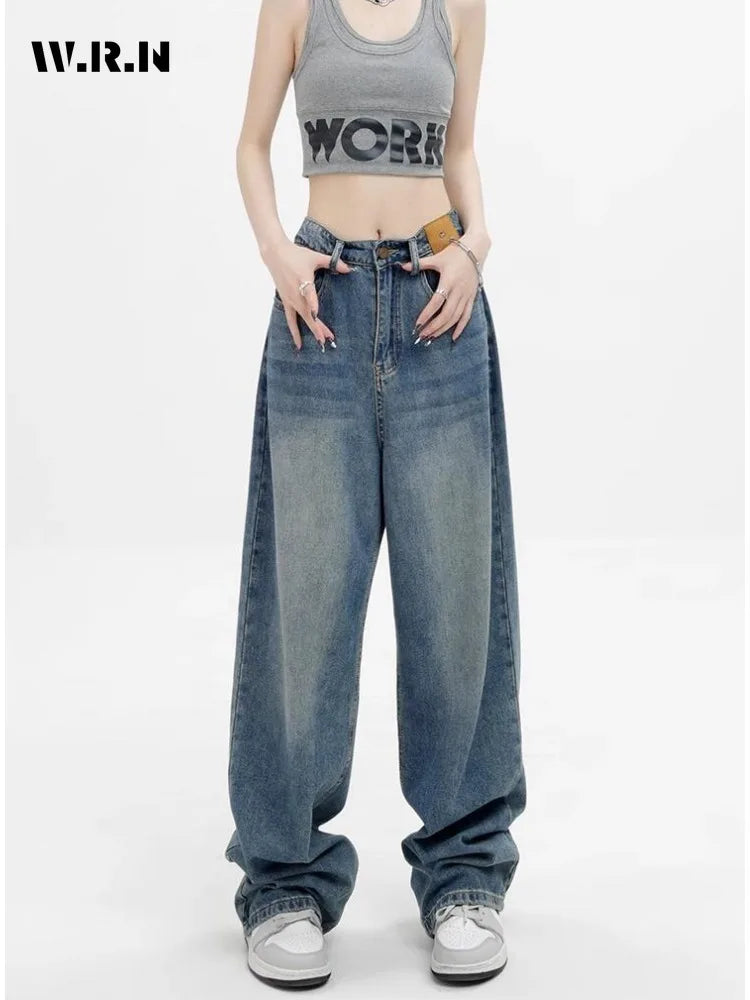 Women Retro Aesthetic Wide Leg Baggy Casual Denim Trouser Harajuku Blue High Waist Loose Jeans 2024 Spring Fashion Pants