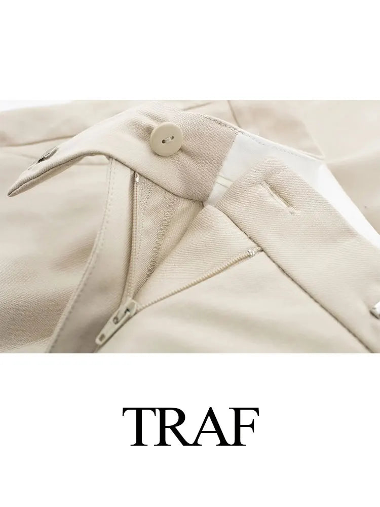 TRAF 2024 Spring Women's Fashion Beige Blazer Suit Single Breasted Jacket Women's High Waist Casual Baggy Pants 2-piece Set