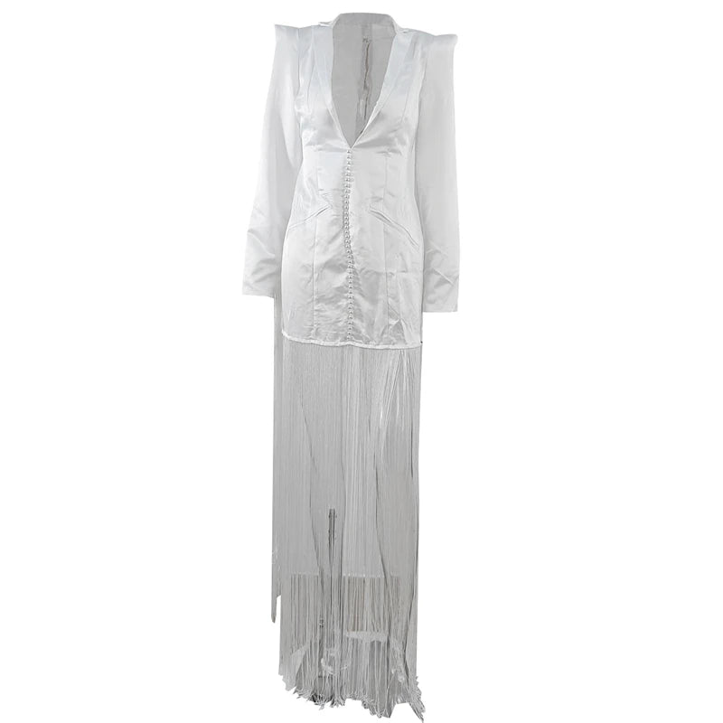 Extra Longtassel Splicing Maxi Party Nouvelle robe Femme Blanc V Cou Ner Long Gargon Bodon Bodycon Blazer Robe de soirée Vêtements