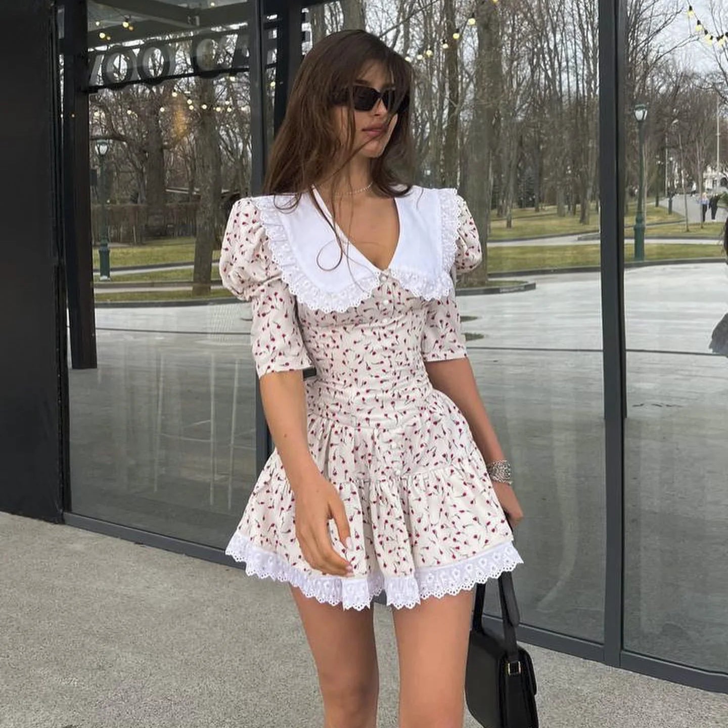 Women's Clothing 2023 Summer Doll Collar Floral Short Sleeve Dress Slim Fit Waist Tutu Skirt Lace Club Party Dress Vestidos