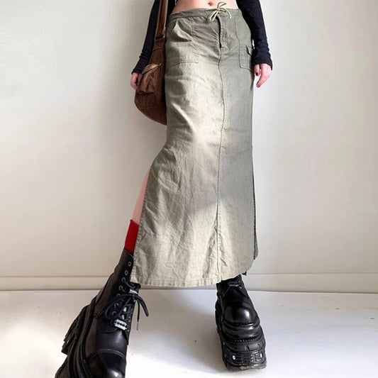 Xingqing Fairycore Aesthetic Cargo Skirt y2k Solid Color Drawstring Low Waist Long Skirt with Pockets 2000s Women Streetwear
