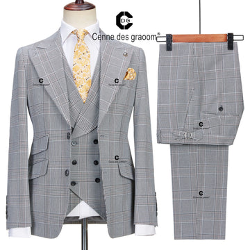 Cenne Des Graoom 2022 Classic Glen Plaid 3 Piece Vintage Men Suits Winter Jacket Vest Pants Tailor-Made Business Office Wedding