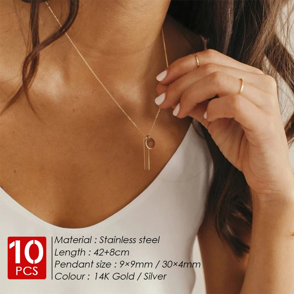 eManco 10PCS Stainless Steel Pendant Necklace Statement piece Geometric Circle Chain For Women/Man Gifts Wholesale Direct