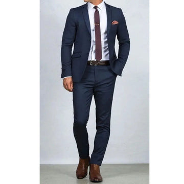 Navy Blue Notch Lapel Single Breasted Men Suits Flat Front Regular Length High End Smart Casual Office Work Outfits Male Blazer
