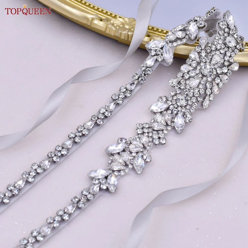 TOPQUEEN New Style Bridal Belt Silver Fancy Rhinestone Women Wedding Dress Accessories Satin Ribbon Belt S51