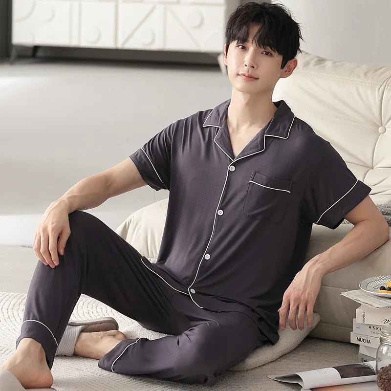 High Quality Men's Pajamas Suit Summer Modal Cotton Trousers Short Sleeve Large Size Pajama Pants Thin Homewear Suit Casual Male
