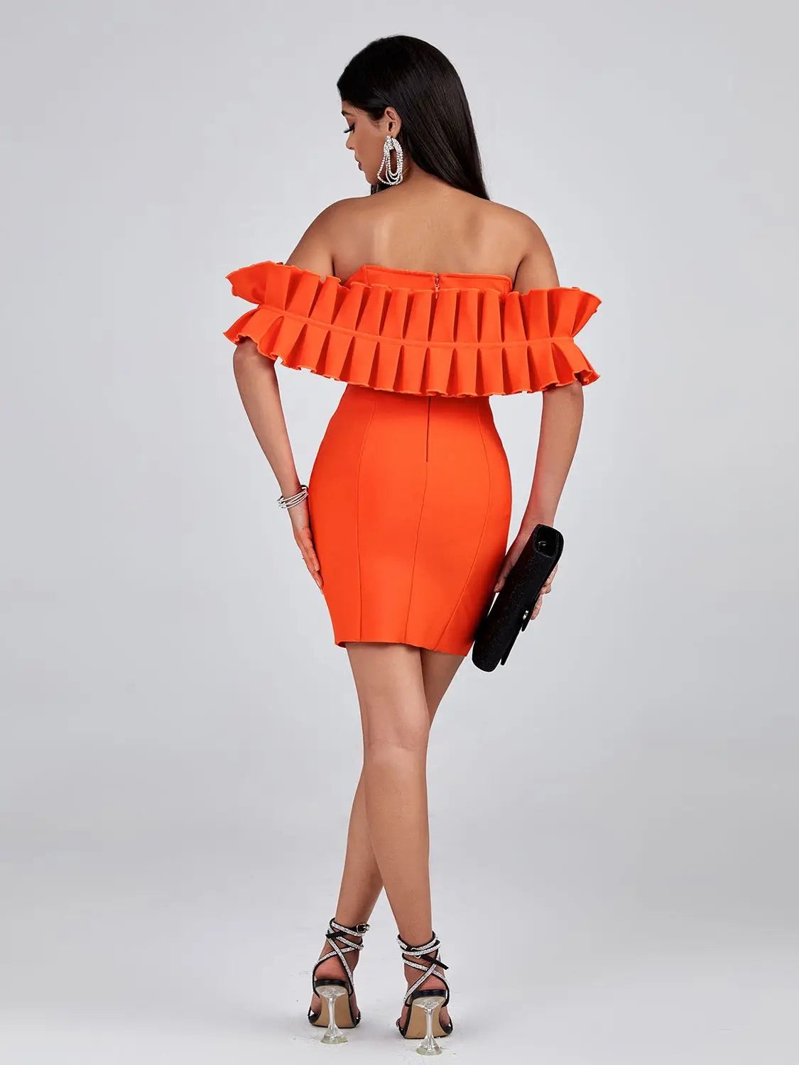 Orange Bandage Dress Women Mini Party Dress Bodycon Ruffle Elegant Sexy Off Shoulder Birthday Evening Club Outfits Summer