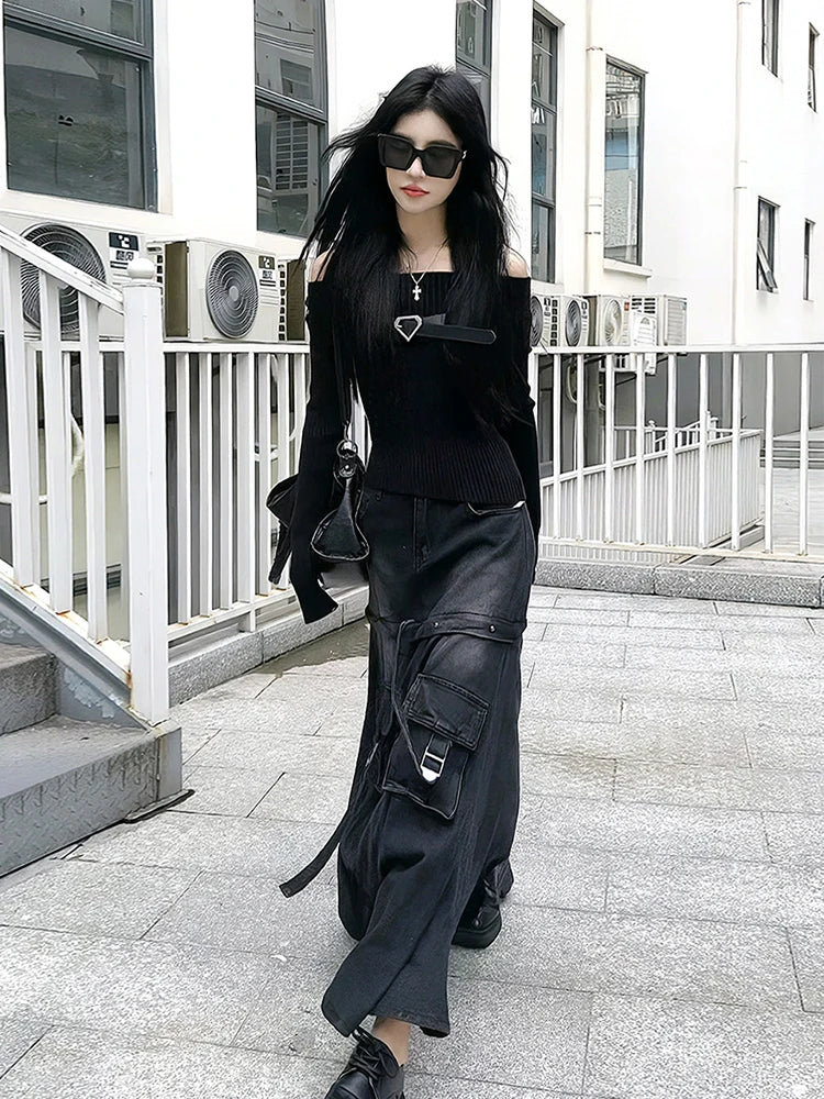 High Quality Black Denim Skirt Thin Office Lady Vintage Fashion Pockets Autumn Winter High Waist A-Line Skirt New Design Gothic