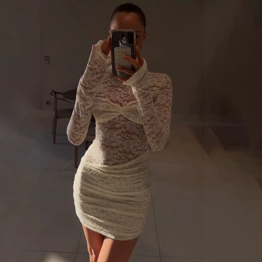 White Lace 1 Piece Cover-Ups Bikinis 2025 Sexy Women Swimsuit Swimwear Female Biquini Bathing Suit Mesh Dress Beach Outfits
