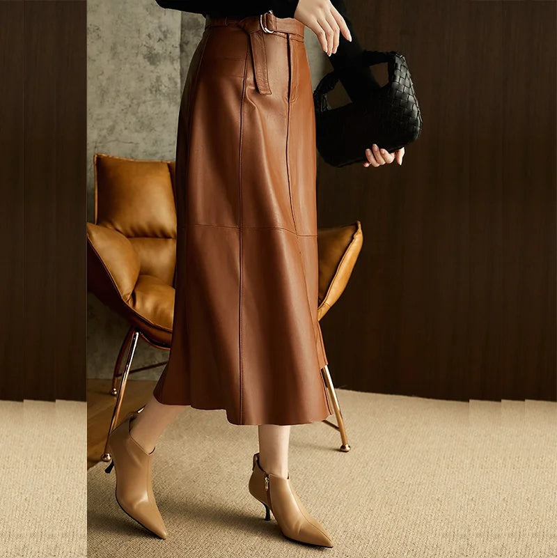 Vintage Brown High Waist A-Line PU Leather Skirt with Belts A Swing Long Office Lady Skirts Autumn/Winter New in Women Outfits