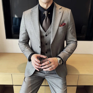 Wool 6% (Jakcet + Vest + Pants ) High-end Brand Mens Solid Color Leisure Business Suit 3Pcs Sets Groom Wedding Dress Party Suit