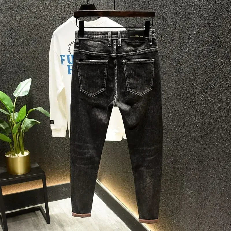 Trousers with Holes Skinny Tight Pipe Men's Jeans Black Broken Man Cowboy Pants Torn Ripped Slim Fit Designer Spring Autumn Xs