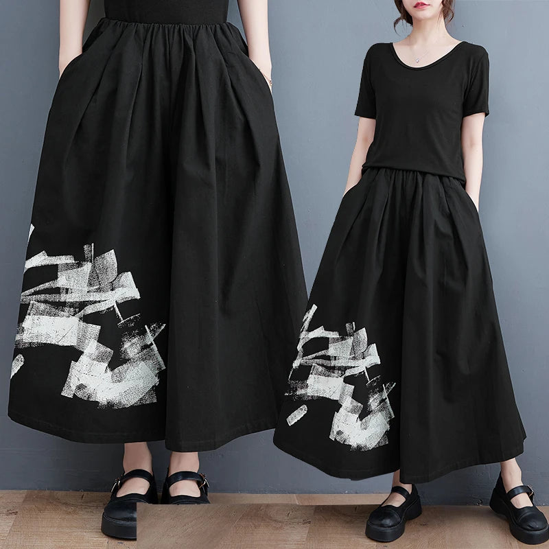 2024 New Arrival Japan Yamamoto Dark Style Black Summer Wide Leg Pants Print Fashion Women High Waist Casual Pants Culotte