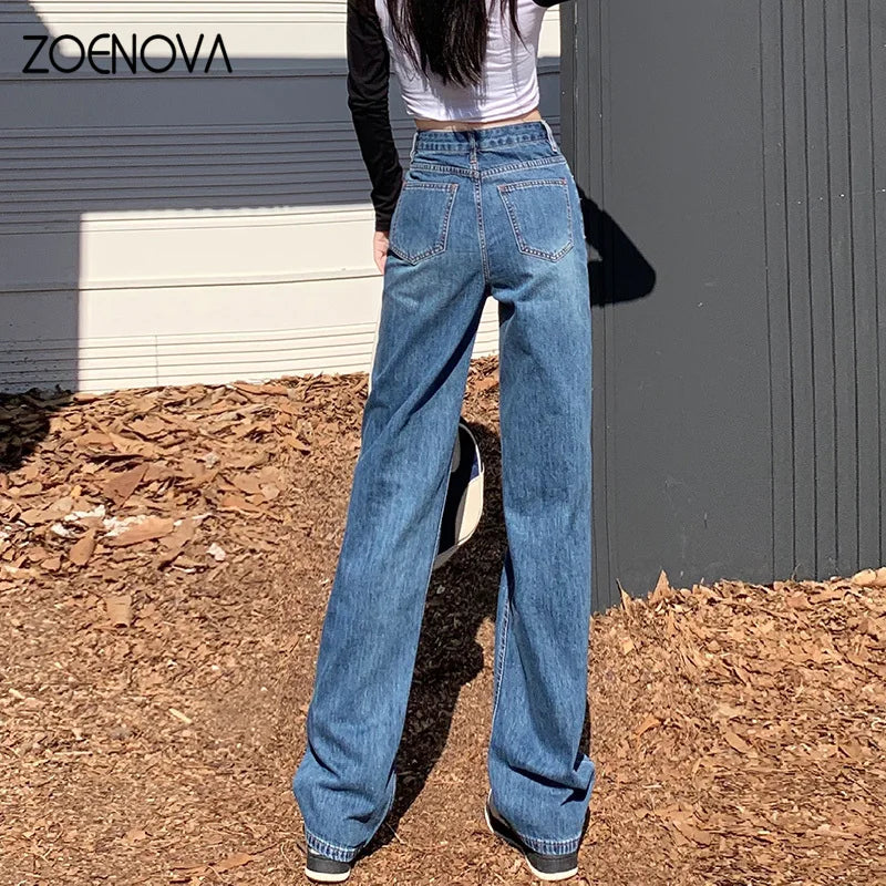 ZOENOVA 2024 Spring Premium Straight Women's Jeans Casual High Waist Straight Wide Leg Pants Y2K Street Versatile Denim Trousers