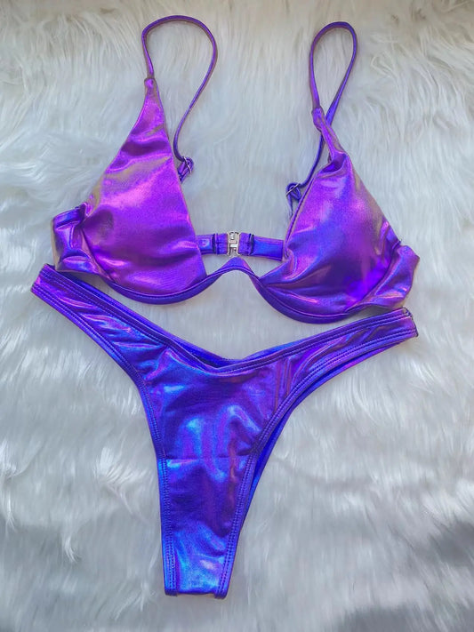 Sexy Triangle Bikini 2023 holographic Purple Push Up Thong Swimwear Brazilian Bandage Bathing Suit Swimsuit Micro Biquini