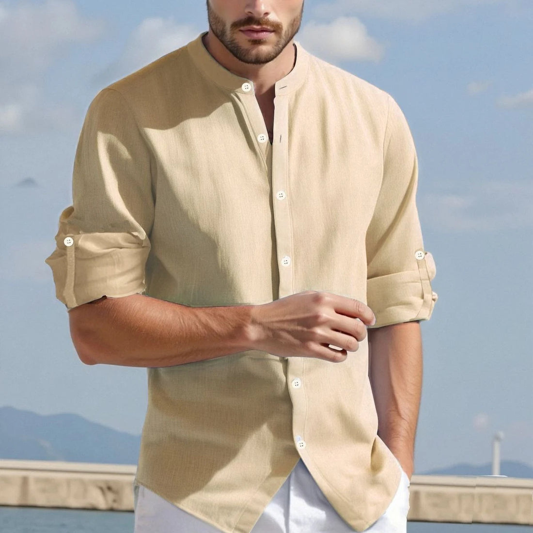 Men's Minimalist Summer Shirt 2025 Autumn Structured Collar Long Sleeve 22-Micron Cotton Anti-Odor Tech Shirts White Blue M-2XL