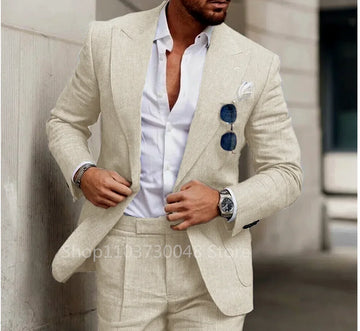 Elegant Beige Linen 2-Piece Men's Suit Slim Fit Single Breasted Smart Casual Blazer with Pants High Quality Men's Costume Homme
