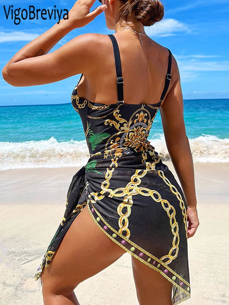 VigoBeviya 2024 Sexy Print Strapped 2 Piece Swimwear Women Strapped Push UP One Piece Swimsuit Monokini Backless Bathing Suit