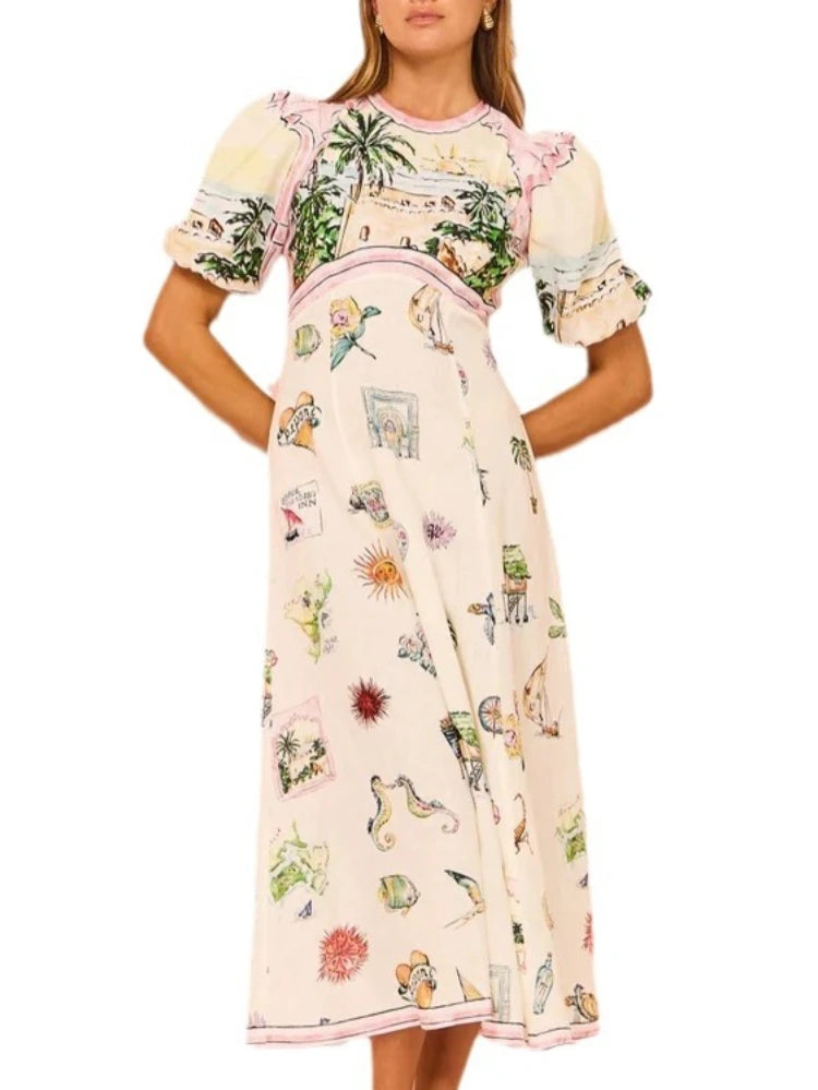 Women Casual Print Empire Waist Long Dress Short Sleeve Comfortable Loose Vintage Robe Party Club Vestidos 2024 Spring NEW