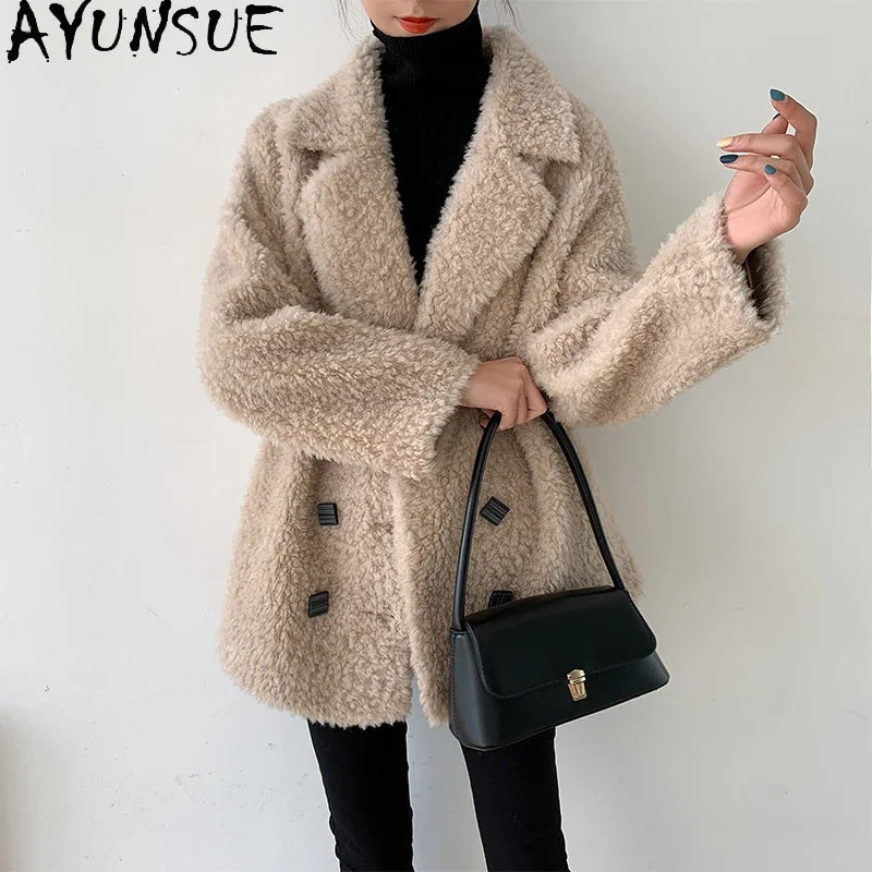 AYUNSUE Short Real Sheep Shearling Coat Female Winter 2021 Casual Korean Wool Jackets Women's Fur Coats Casaco Feminino Gxy431