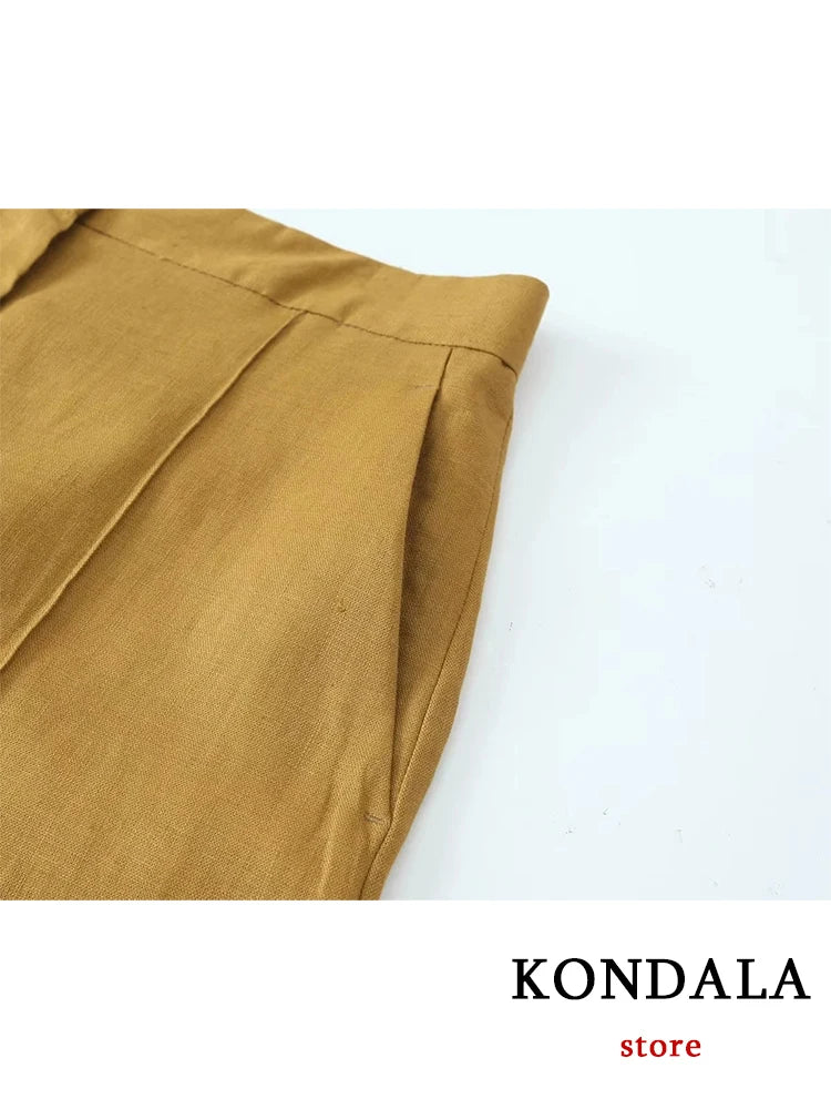 Kondala Office Lady Linen Brown costume Femmes V Neck Boutons simples VIET BLAZER + TAILLE HIGHT PANTAL LEG LAG FASH