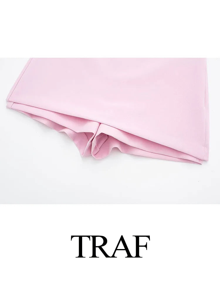 TRAF Summer Women Pink Shorts 2 Pieces Set High Waist Mini Skirts Shorts Sexy V-Neck Sleeveless Backless Suspender Zipper Top