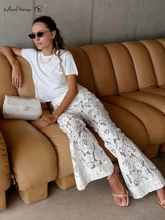 Mnealways18 Sexy Perspective White Flare Pants Summer 2024 Women Vacation High Waist Long Trousers Lace Beach Style Female Pants