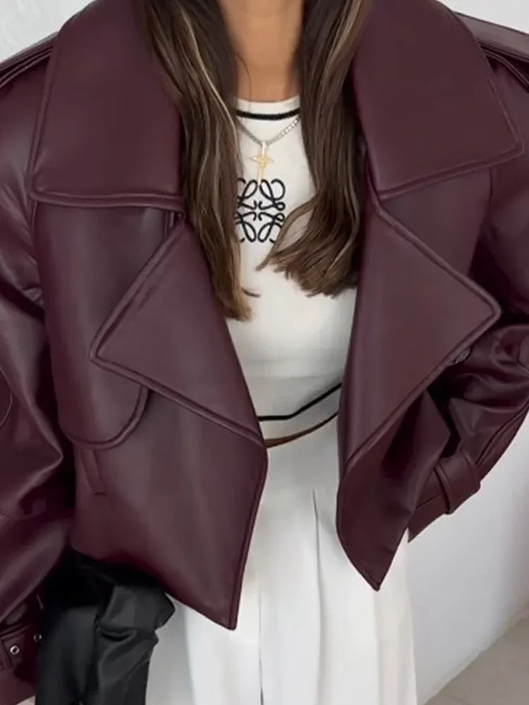 Fashion Burgundy Lapel Leather Jackets For Women Casual Loose Pockets Long Sleeve Coats 2024 Autumn Lady High Street Outerwear