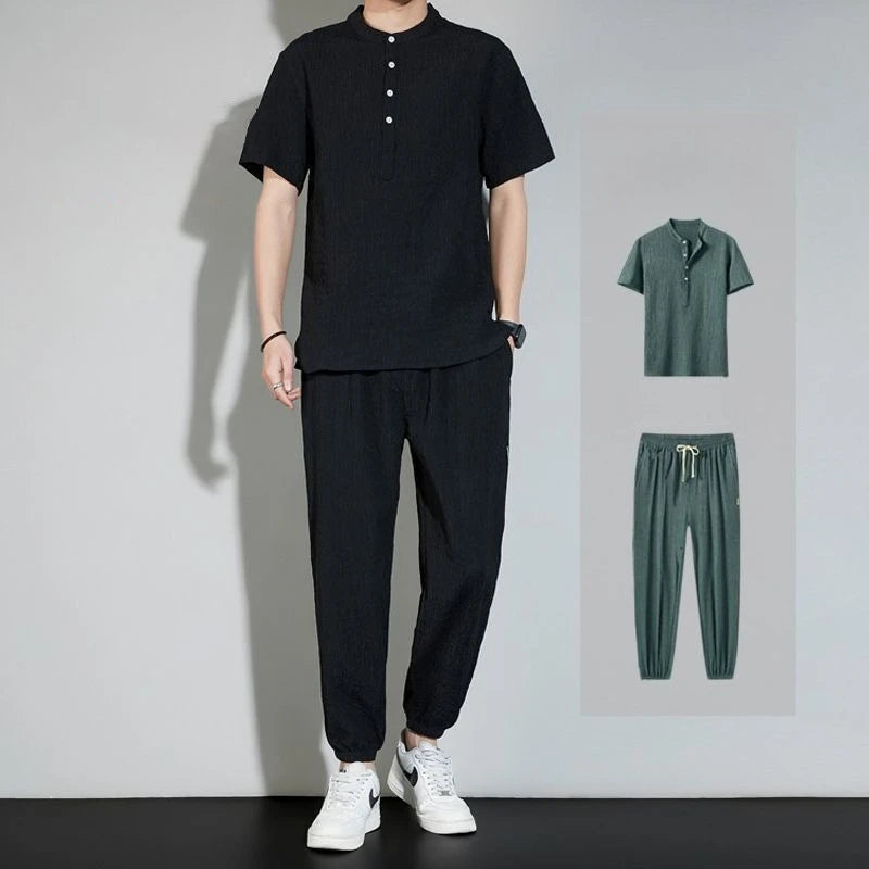 Plain Man Trousers Sets Linen T-shirts Pants Suits for Men High Quality Loose Tee Stretch Novelty in Regular Fit Casual Basic