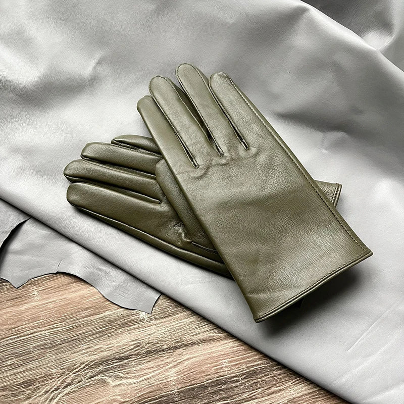 Men's Genuine leather gloves Elegant Army green Warm Gentleman sheepskin gloves in winter Wrist snap fastening