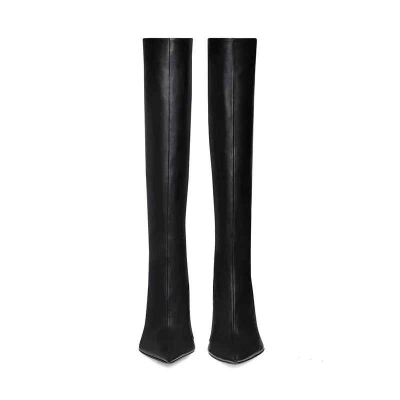 Arden Furtado European style boots for women knee high Pointed toe Thin heels Side zipper skinny calf knee high boots black