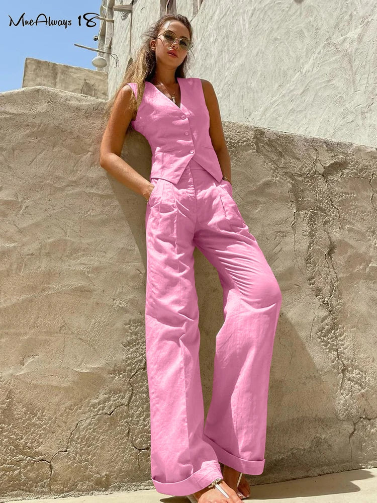 Mnealways18 Khaki Elegant Women 2 Pieces Sets Cotton Linen V-Neck Sleeveless Vest Outfit Summer Vacation Wide Leg Pant Sets 2023