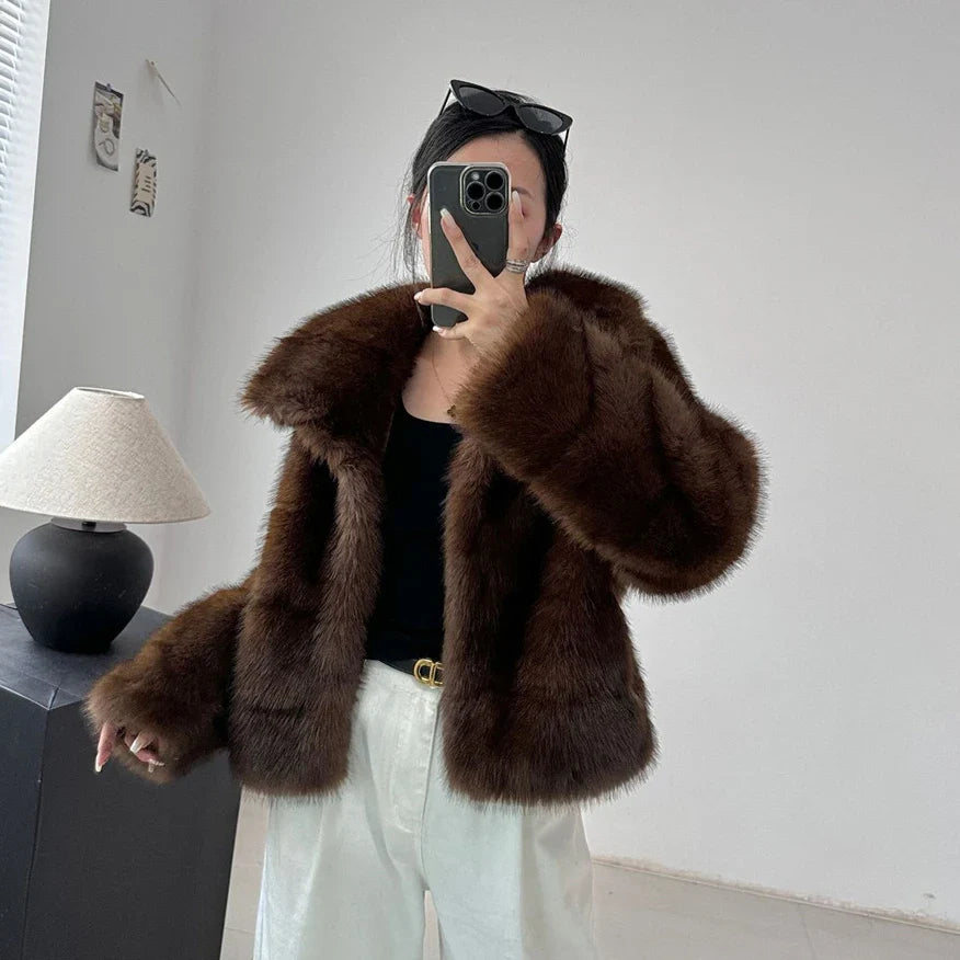 Brown Women Faux Sable Fur Jacket Oversized Lapel Long Sleeve Warm Fluffy Coats 2024 Winter Female Loose Streetwear Outwears