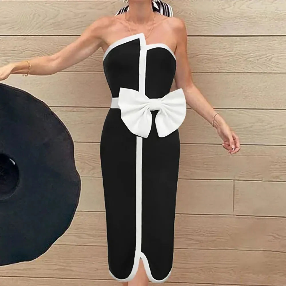 2024 Black & White Spliced Swimsuit Women'S Elegant Tube Top Bow Belt Bikini Irregular Hip Beach Skirt Vintage Pool Swimwear