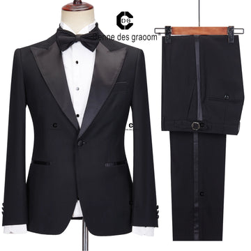 Cenne Des Graoom Men's 2 Piece Suit Black Satin Peak Lapel Slim Fit Elegant Tuxedo Solid One Button Wedding Party Evening Dress