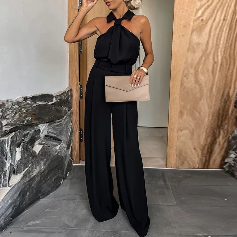 Elegant Solid Color Sleeveless Pocket Jumpsuit New Lapel High Waist Commute Romper Summer Off Shoulder Temperament Slim Playsuit