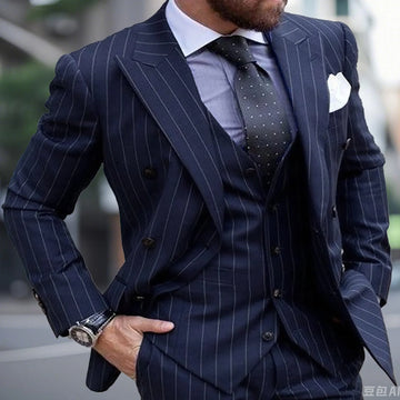 2025 Stripe Suits for Men Slim Fit Navy Blue Peaked Lapel Double Breasted Man Suit Set Traje De Hombre Terno Casamento Men Suits