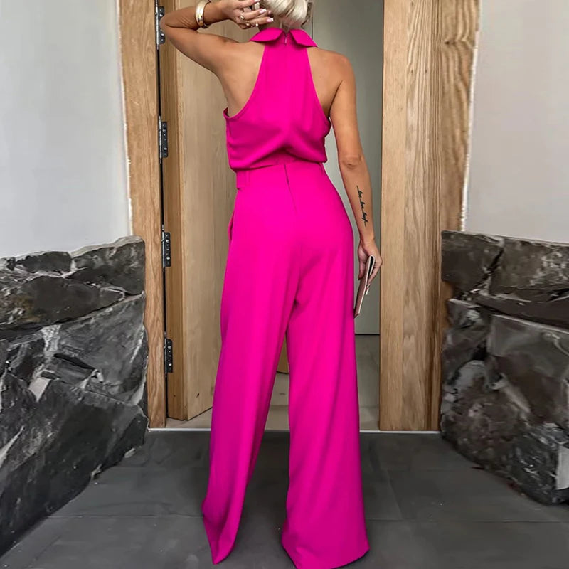 Elegant Solid Color Sleeveless Pocket Jumpsuit New Lapel High Waist Commute Romper Summer Off Shoulder Temperament Slim Playsuit