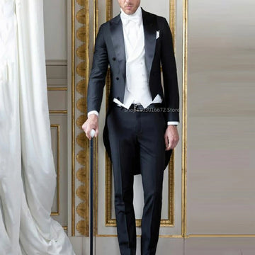 Formal Black Wedding Men Tailcoat 3 Piece Groom Tuxedo for Prom Party Male Suit Fashion Wedding Suits  Jacket with Pants Vest