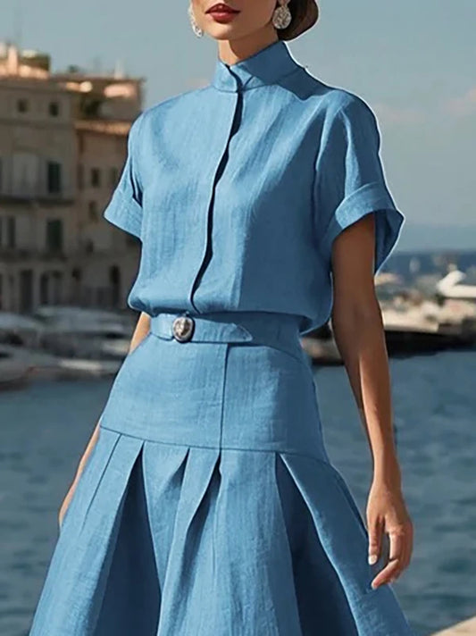Krisstarsgirls 2025 Cotton Linen Dress Sets Vacation 2 Piece Outfits Woman Summer Short Sleeves and High-Low Hem Skirts Sets
