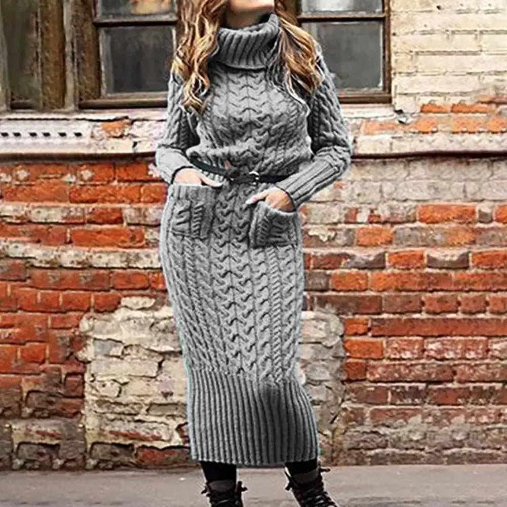 Korean Style Twist Knitted Long Dress Autumn Turtleneck Back Split Pockets Twisted Knit Casual Long Sweater Dress