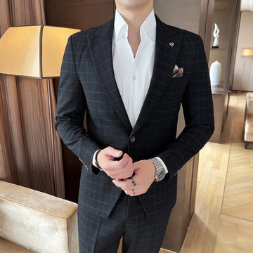 High-quality, fashionable, stylish and casual autumn men's checked suit two-piece set, slimming British casual suit set