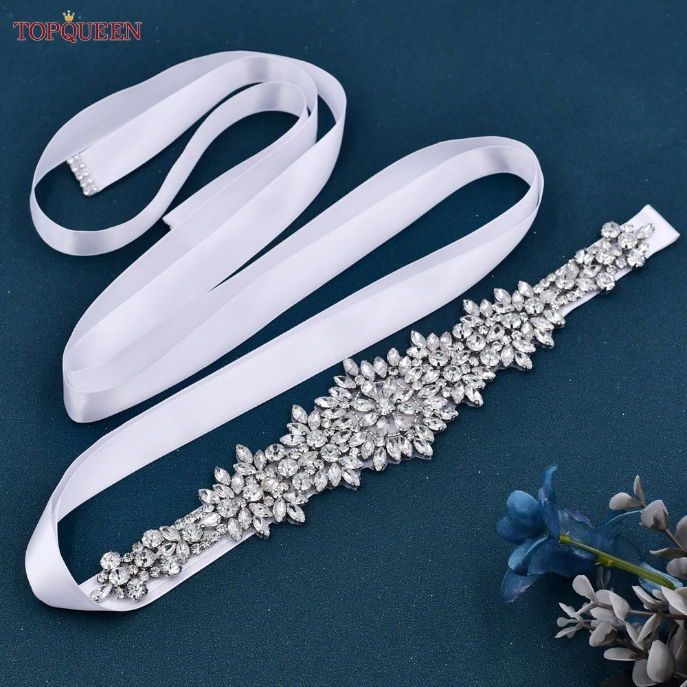 TOPQUEEN S319 Rhinestones Wedding Belt Sparkly Bride Dress Decorative Sash with Stone Jeweled Satin Ribbons Silver Gown Applique