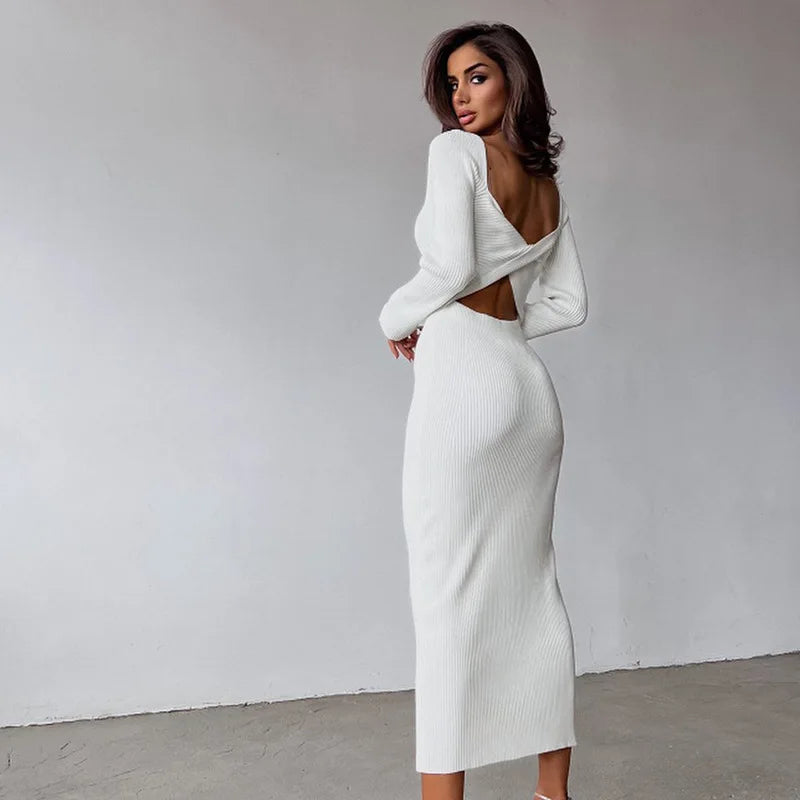 Otoño Nuevo Hot Hot White Long-Long-Engleto Onco de pecho Hueco Hueco High Wollow Crop Curd Top Elegant Knee Skirt Rib Tabet