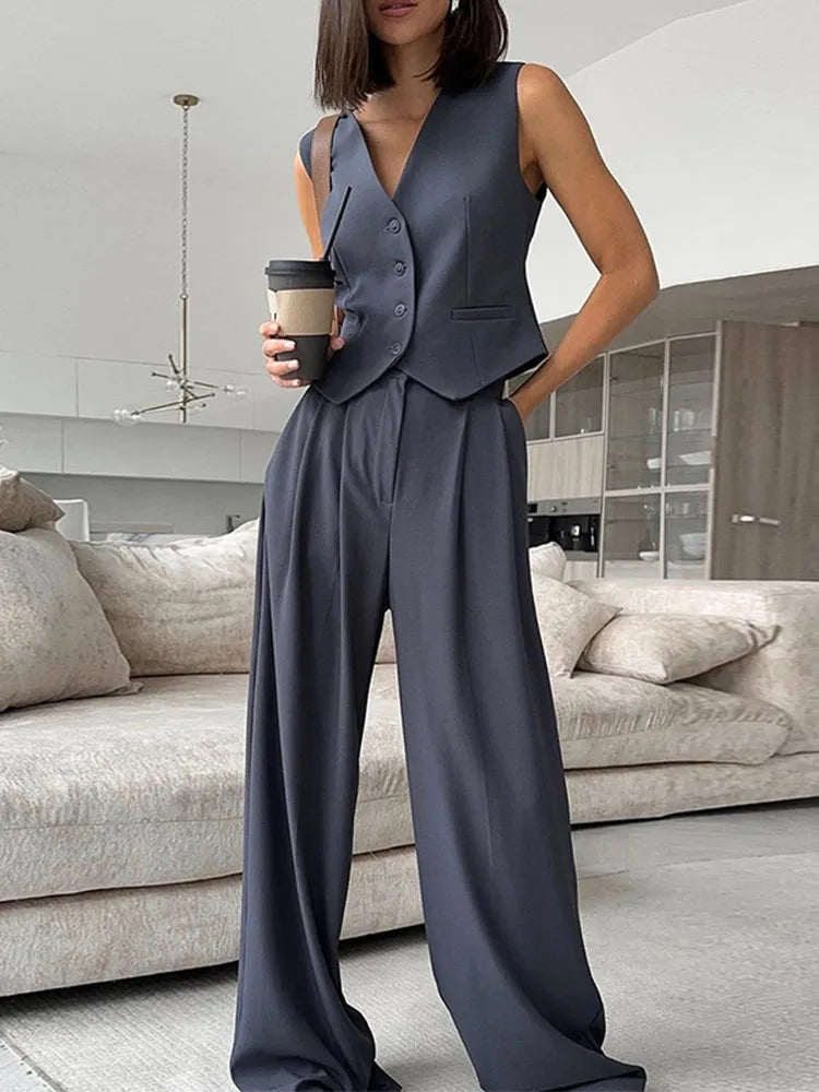 New Two Piece Wide Leg Pants Set Women's Spring New V-Neck Sleeveless Vest with Hanging Wide Leg Pants Casual Set